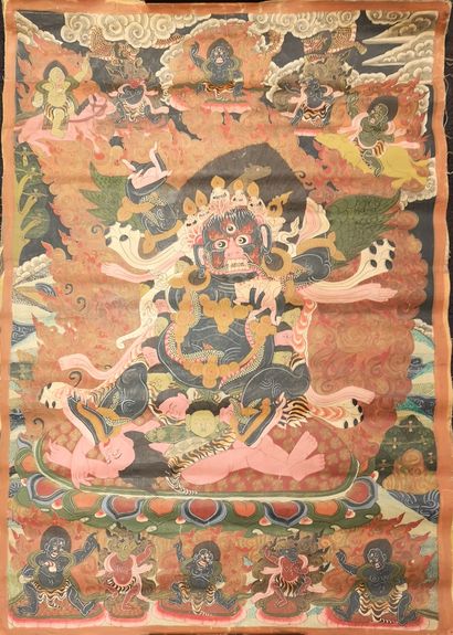CHINE ou TIBET, XXème siècle Lot de six tanka :

- Bouddha assis devant une mandorle.

Détrempe...