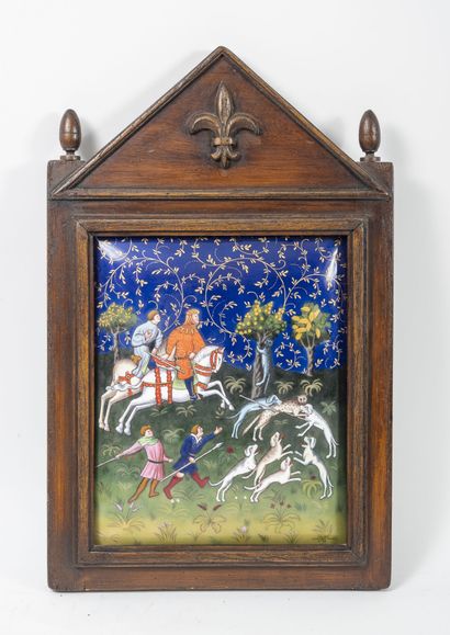Camille FAURÉ (1874-1956), Limoges, France Medieval hunting scene. 

Enamelled plate,...
