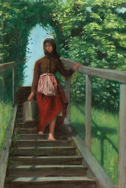 Attribuée à Antoine DRUET (1857-1921) Femme dans un escalier tenant un bidon.

Huile...