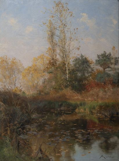 Albert-Gabriel RIGOLOT (1862-1932) Paysage à l'étang.

Huile sur toile.

Signée en...