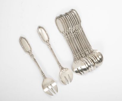 Lot de métal argenté : - ERCUIS

Twelve fish cutlery, filets and ribbons pattern.

Hallmark...
