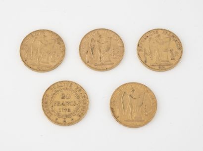 France Lot de 5 pièces de 20 francs or, Au génie : 1978 Paris, 1886 Paris, 1891 Paris,...
