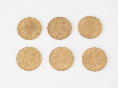 France Lot de 6 pièces de 20 francs or, Au Coq, 1907, 1911, 1913 (x3), 1912.

Poids...