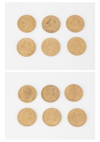 France Lot de 6 pièces de 20 francs or, Au Coq, 1907, 1911, 1913 (x3), 1912.

Poids...