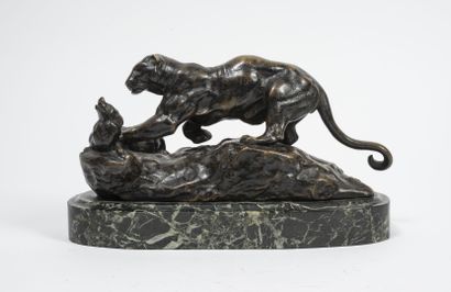 D'après BARYE (1796-1875) Lioness attacking an otter.

Proof in bronze with black...