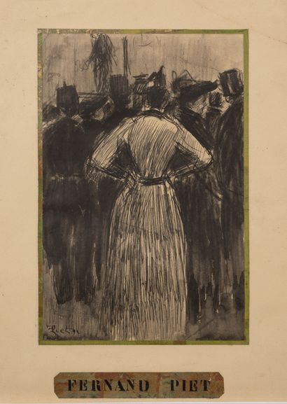 Fernand PIET (1869-1942) Assemblée de personnages, une femme de dos, au bas d'une...