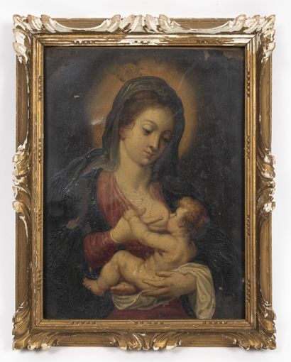 ÉCOLE du XVIIème siècle Virgin breastfeeding.

Oil on copper.

23 x 17,5 cm.

Scratches...