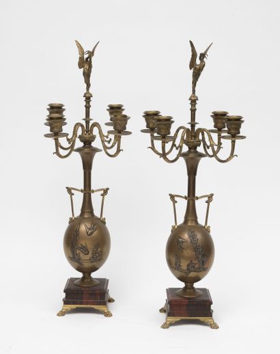 Ferdinand BARBEDIENNE (1810-1892) et Henri CAHIEUX (1825-1854) A pair of bronze candelabras...