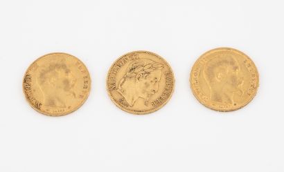 France 3 pièces 20 francs or Napoléon III, Paris :

1856 - 1859 - 1869.

Poids total...