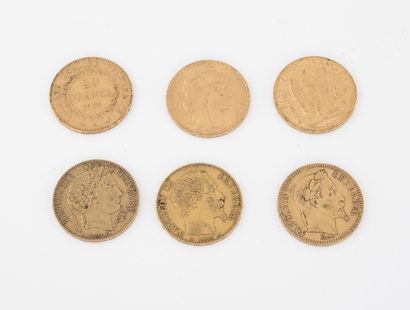 France Lot de 6 pièces de 20 francs or. 

Napoléon III : 

- 1850 Paris. 

- 1854...