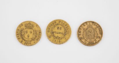 France Lot de 3 pièces de 20 francs or :

- Napoléon Tête laurée, 1812 Paris.

-...