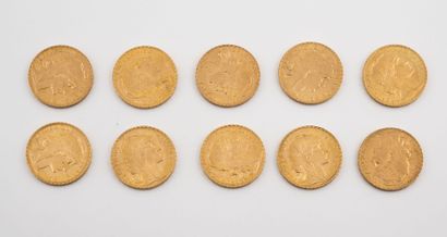 France Lot de 10 pièces de 20 francs or. 

IIIème République : 

- 1908 (x 9).

-...