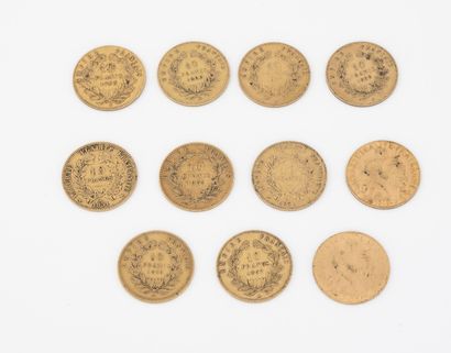 France Lot de 11 pièces de 10 francs or. 

Napoléon III : 

- 1850 Paris. 

- 1851...