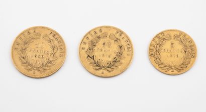 France 3 pièces en or, Napoléon III :

- 10 francs, 1855 Paris.

- 10 francs, 1860...