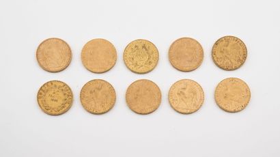 France Lot de 10 pièces de 20 francs or : 

- Seconde République : 1849 Paris.

-...