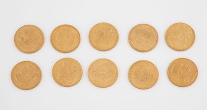 France Lot de 10 pièces de 20 francs or. 

IIIème République : 

- 1907.

- 1908.

-...
