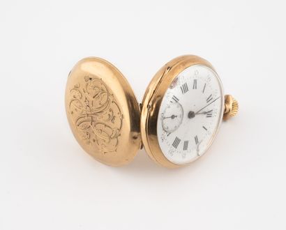 null Yellow gold (750) pocket watch.

Encrypted back cover. 

White enamelled dial,...