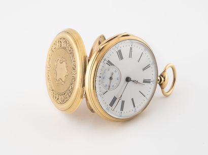 null Yellow gold (750) pocket watch.

Back cover centered with an unnumbered cartouche,...