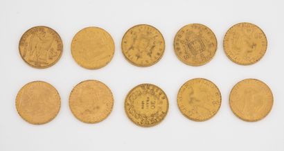 France Lot de 10 pièces de 20 francs or. 

Napoléon III : 

- 1859 Paris. 

- 1863...