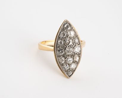 null Yellow and white gold (750) marquise ring entirely paved with old, brilliant...
