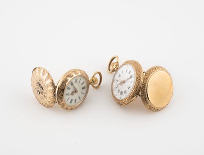 null Two yellow gold (750) collar watches.

Dials enamelled cream or white, with...