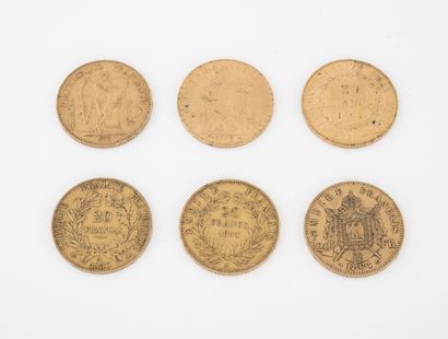France Lot de 6 pièces de 20 francs or. 

Napoléon III : 

- 1850 Paris. 

- 1854...
