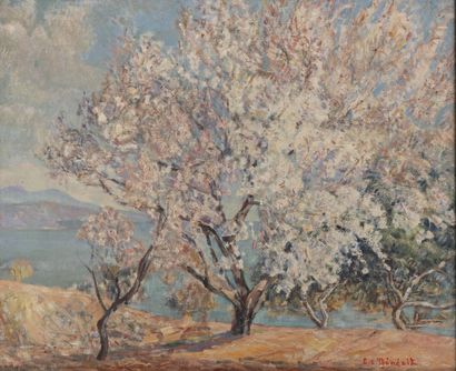 Emmanuel Charles Benezit (1887-1975) Les amandiers en fleurs. 

Huile sur toile....