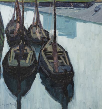 Albert DYCK VAN (1902-1951) Les voiliers au port, 1920. 

Huile sur carton.

Signé...