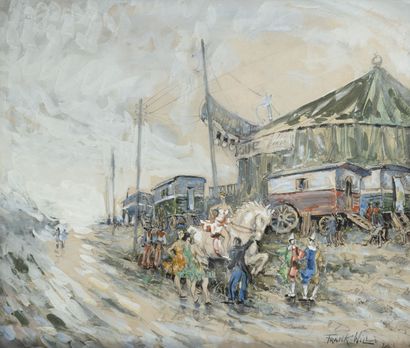 FRANK-WILL (1900-1951) Les artistes devant le chapiteau du cirque. 

Mine de plomb,...