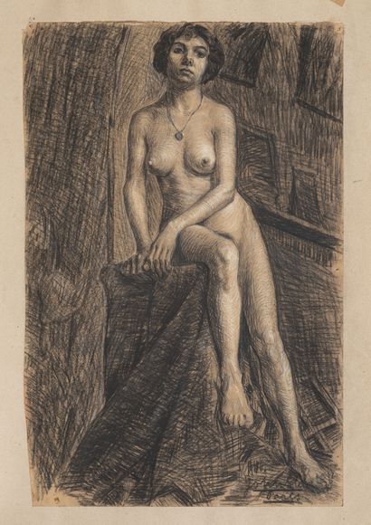 John STEN (1879-1922) Etude de nu.

Fusain et craie blanche sur papier marouflé sur...