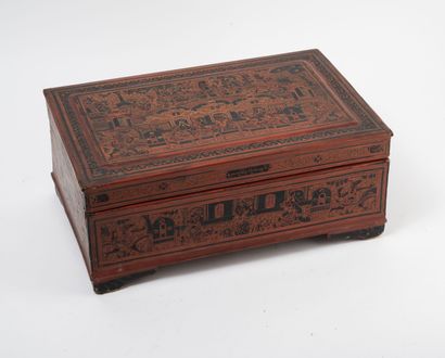 BIRMANIE Boîte rectangulaire en bois laqué rouge à

décor de scènes animées de personnages.

10...