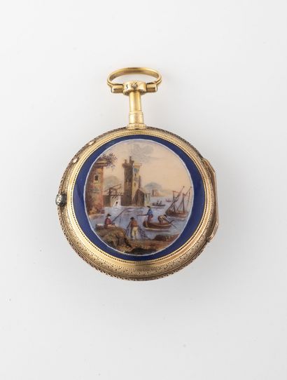 Jacques COULIN & Amy BRY Small yellow gold (750) pocket watch.

Back cover with enamelled...