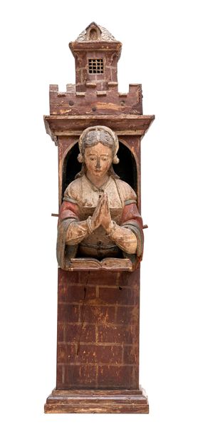 CHAMPAGNE (?), vers 1530 Sainte Barbe en chêne et tilleul (?) sculptés en ronde bosse,...