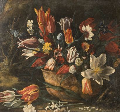 ECOLE TOSCANE Milieu du XVIIème siècle Bouquet de fleurs dans un vase de pierre sur...