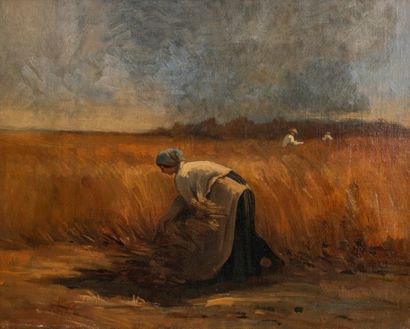 Jules BRETON (1827-1906) Harvesting at Cernay, 1865.
Oil on canvas.
Signed in pencil...