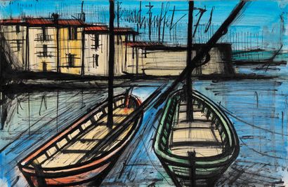 Bernard BUFFET (1928-1999) Saint-Tropez, deux barques, 1978.
Encre et aquarelle sur...
