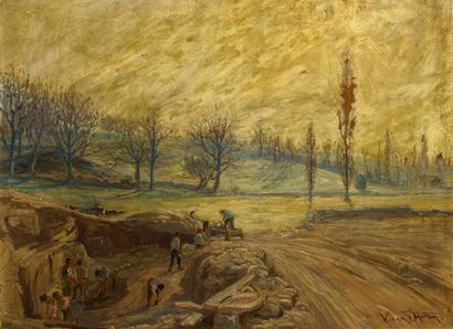 William Samuel HORTON (1865-1936) Workers on a quarry.
Oil on cardboard.
Signed lower...