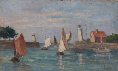 Maximilien Luce (1858-1941) Boats in Honfleur, 1928.
Oil on cardboard.
Signed lower...