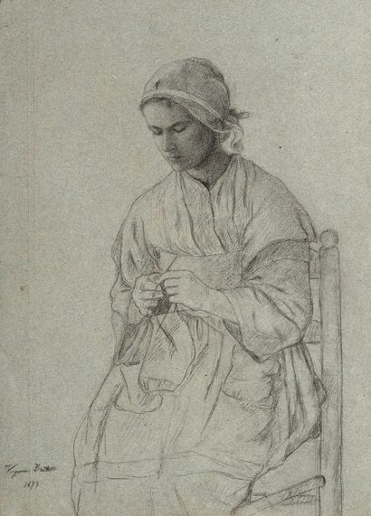 Virginie DEMONT-BRETON (1859-1935) Study of a woman sewing, 1873.
Charcoal on blue...