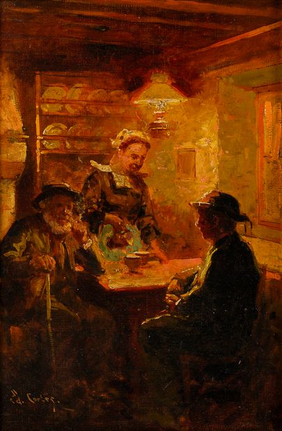 Edouard CORTES (1882-1969) Breton interior animated by three characters.
Oil on canvas.
Signed...