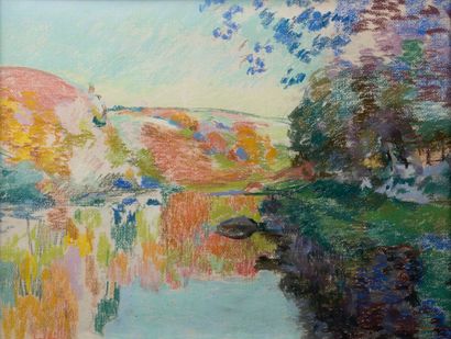 Armand GUILLAUMIN (1841-1927) Le Rocher de l'Echo, Crozant.
Pastel sur papier.
Signé...