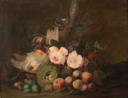 Louis VIDAL (c.1754-c.1807) Fruits, flowers and nest at the foot of a tree.
Oil on...