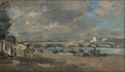 ALBERT LEBOURG (1849-1928) Berge de la Seine animée à Paris.
Huile sur toile.
Signée...
