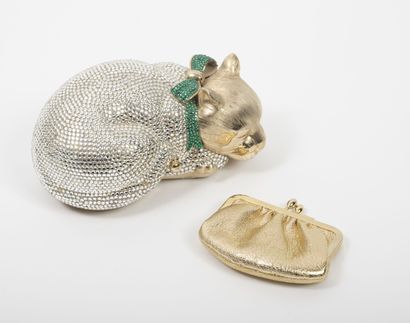 Judith LIEBER Minaudiere featuring a cat lying in gold metal entirely paved with...