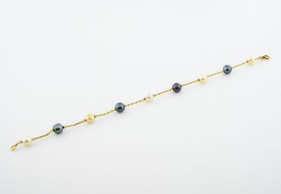 null Bracelet en or jaune (750) perles de culture blanches et grises. 

Fermoir anneau...