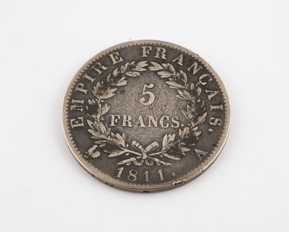 France Pièce de 5 francs argent, Napoléon Empereur, 1811 Paris, revers Empire, tête...
