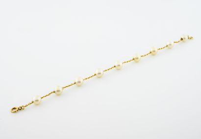 null Bracelet en or jaune (750) et perles de culture blanches. 

Fermoir anneau ressort.

Poids...