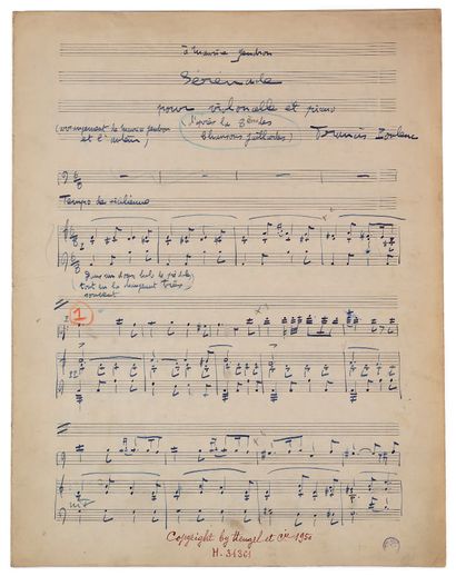 Francis poulenc (1899-1963). MANUSCRIT MUSICAL autographe signé « Francis Poulenc...