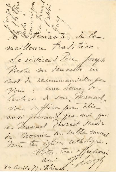 [GOUNOD Charles]. LISZT Franz (1811-1886). L.A.S. "F. Liszt", Weimar 24 April 1877,...
