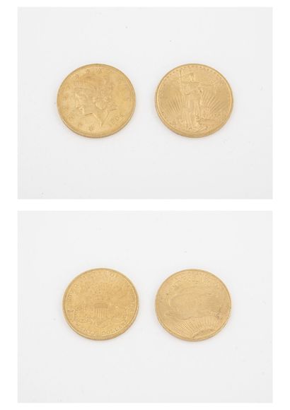 ÉTATS UNIS Two 20 dollars gold coins, 1904 and 1922. 
Total weight : 66.8 g. 
Scratches...